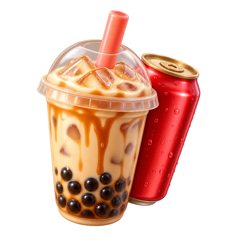 A bubble tea with tapioca pearls and a caramel drizzle, next to a chilled can of soda: the kind of drink the Study Refresher gets you half off on CheapyEats.