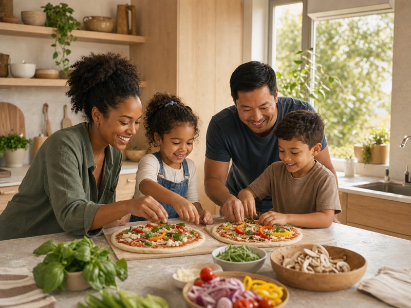 Two parents and two children making pizzas together at a sunlit kitchen counter
